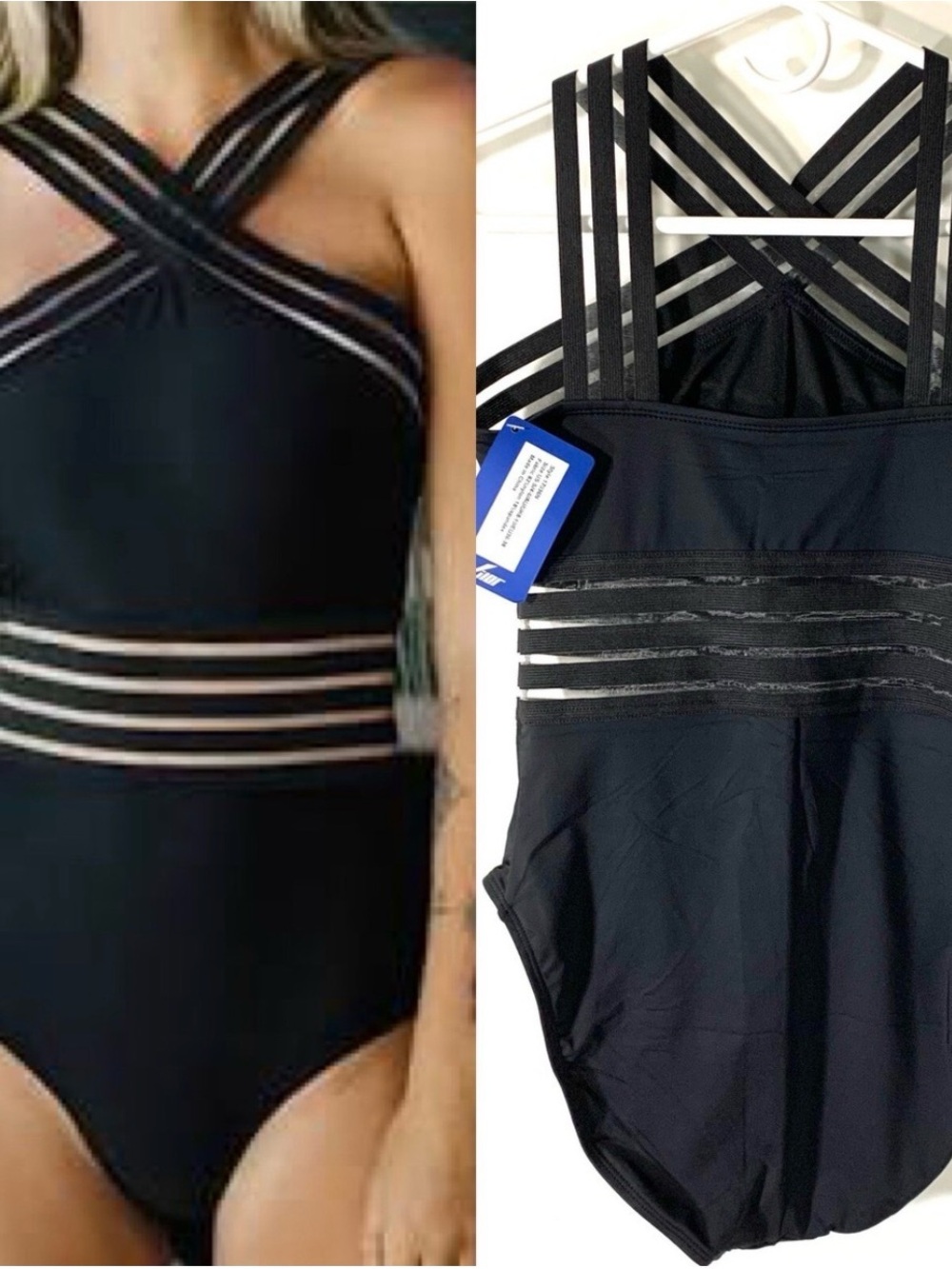 Black Strappy One-Piece Swimsuit with Sheer Band Details